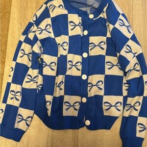 Blue and Grey Checkered Cardigan with Bows